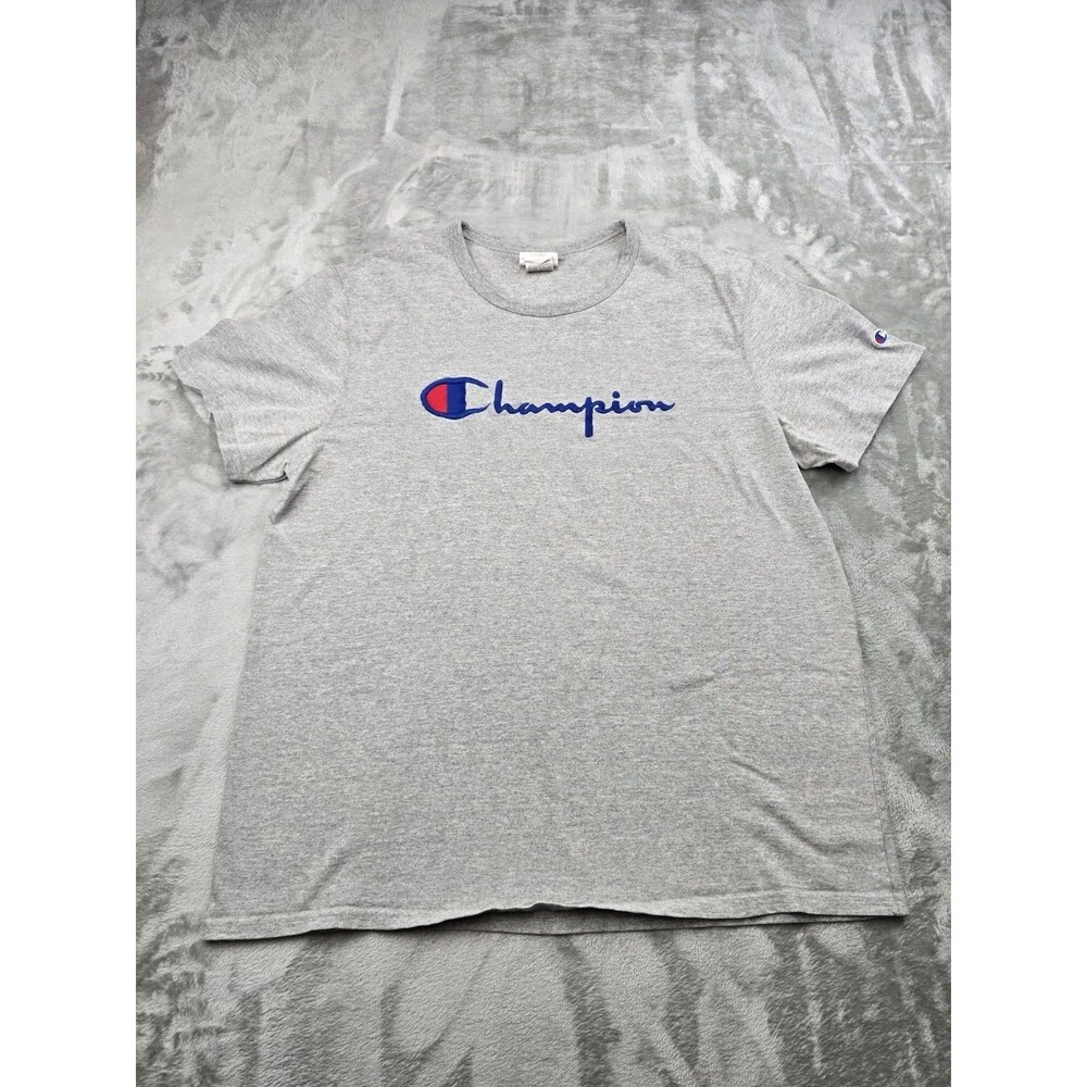 Champion Script Logo T Shirt Mens XL Gray Embroidered Spellout Short Sleeve